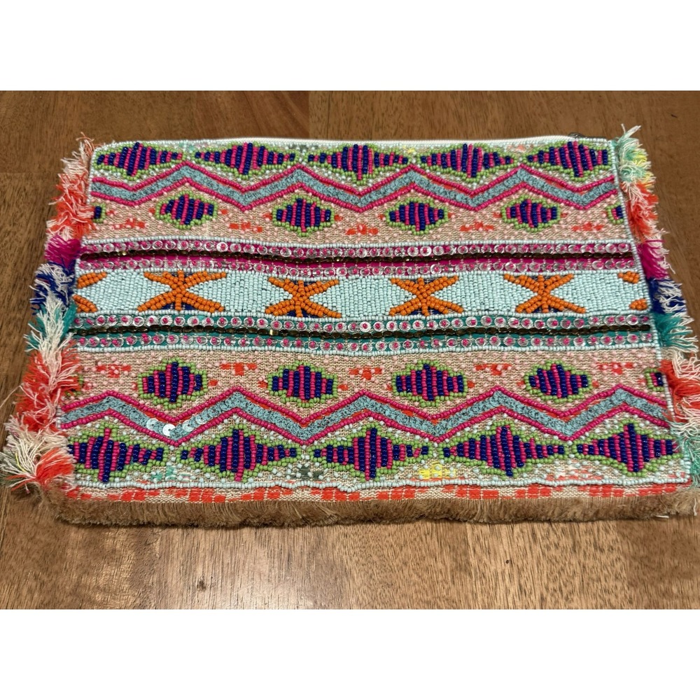 Boho Beaded Zipper Clutch Bag Aztec Tribal Geometric Fringe Festival Pouch